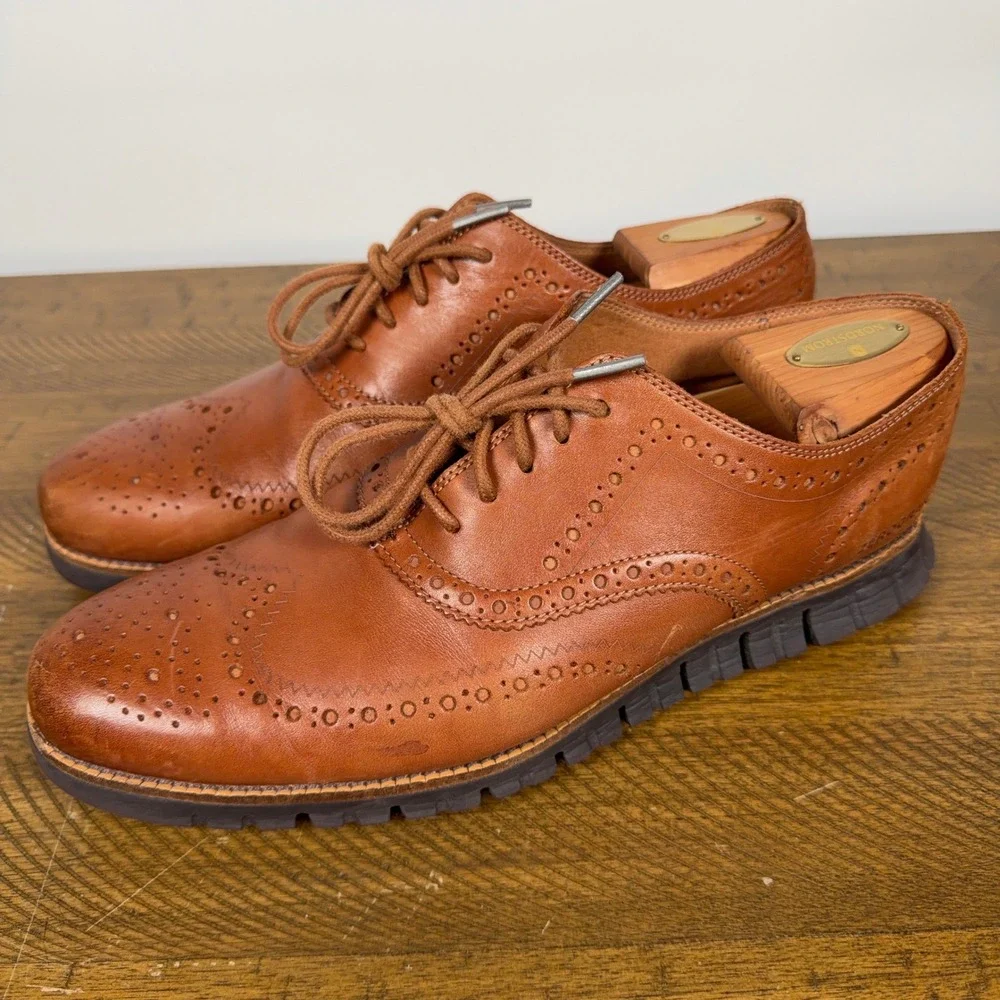 Cole Haan Shoes Men 11M Brown British Tan ZEROGRAND Wingtip Oxford Leather Dress